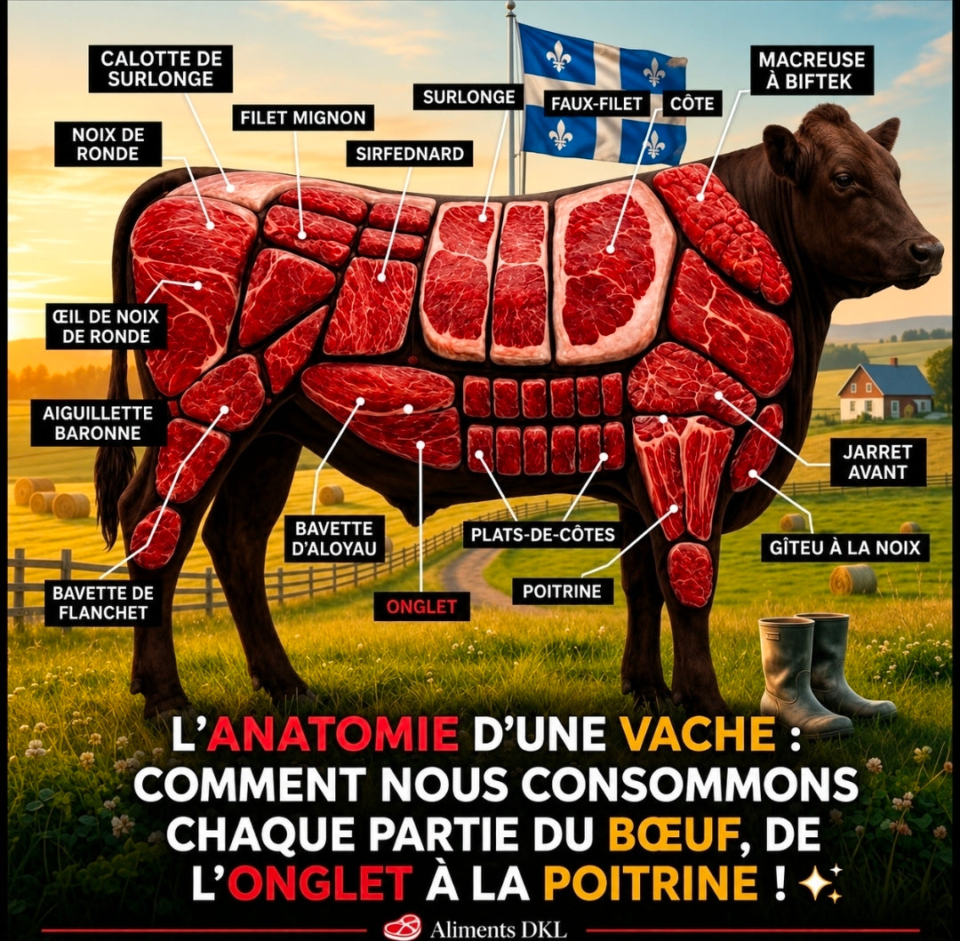 Illustration des différentes coupes du bœuf incluant le filet mignon, le faux-filet, la bavette et l’onglet pour expliquer l’anatomie du bœuf et les méthodes de cuisson.