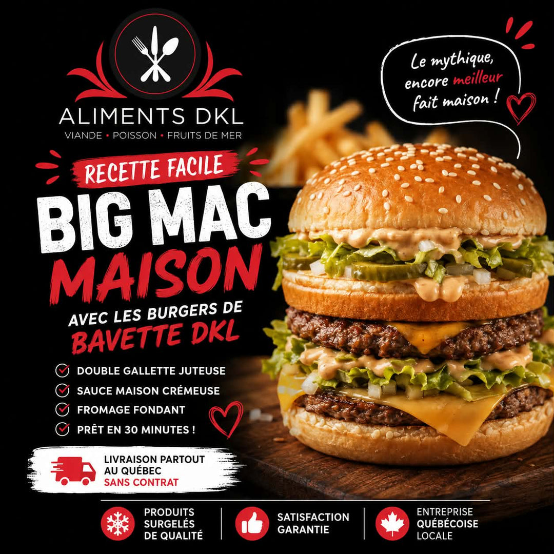 Big Mac maison préparé avec des burgers de bavette Aliments DKL, sauce crémeuse, fromage, laitue et cornichons, livraison au Québec.