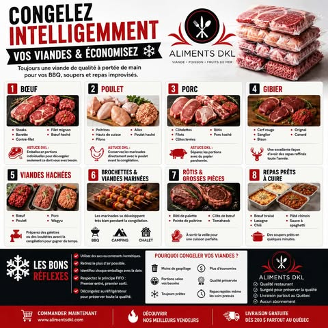 Guide illustré montrant comment congeler la viande surgelée correctement afin de préserver sa qualité, réduire le gaspillage et économiser du temps avec les viandes surgelées d'Aliments DKL, livraison partout au Québec.