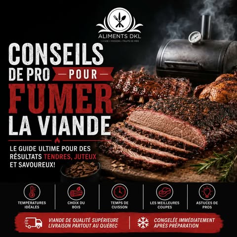  Aliments DKL présentant des conseils de pro pour fumer la viande, avec un fumoir BBQ, une poitrine de bœuf fumée, les meilleures températures, le choix du bois et des astuces pour réussir une viande tendre, juteuse et savoureuse.