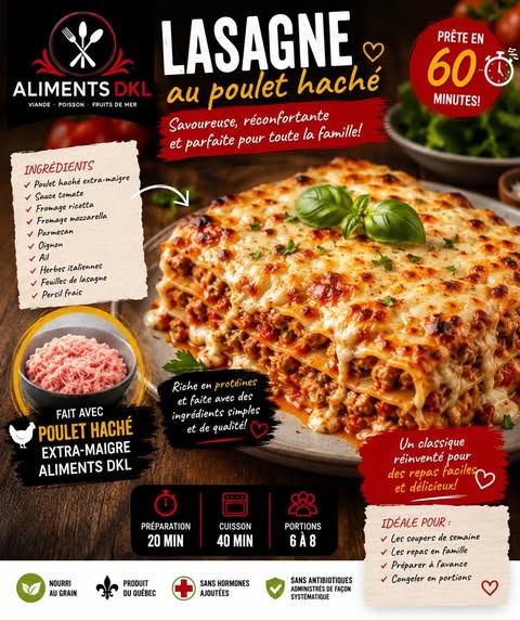 Lasagne au poulet haché extra-maigre Aliments DKL gratinée au fromage.