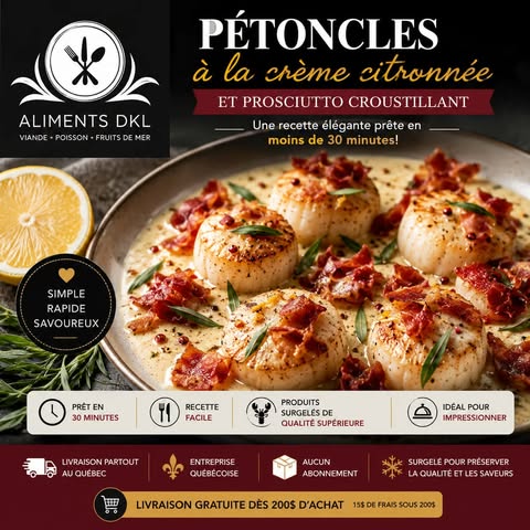 Pétoncles à la crème citronnée garnis de prosciutto croustillant, préparés avec des pétoncles surgelés de qualité supérieure d'Aliments DKL, une recette élégante prête en moins de 30 minutes.