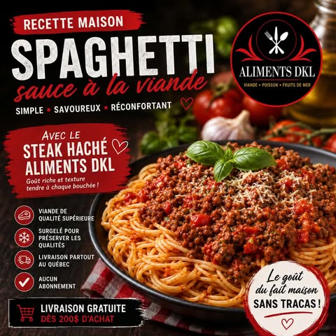 Assiette de spaghetti sauce à la viande préparée avec le steak haché surgelé Aliments DKL, une recette maison savoureuse avec livraison partout au Québec.