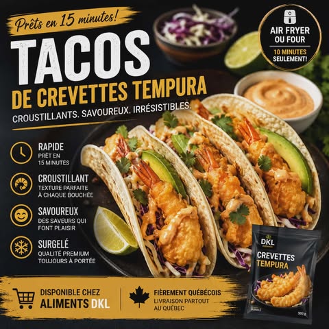 Tacos de crevettes tempura croustillantes avec avocat, salade de chou et sauce épicée, recette rapide Aliments DKL.