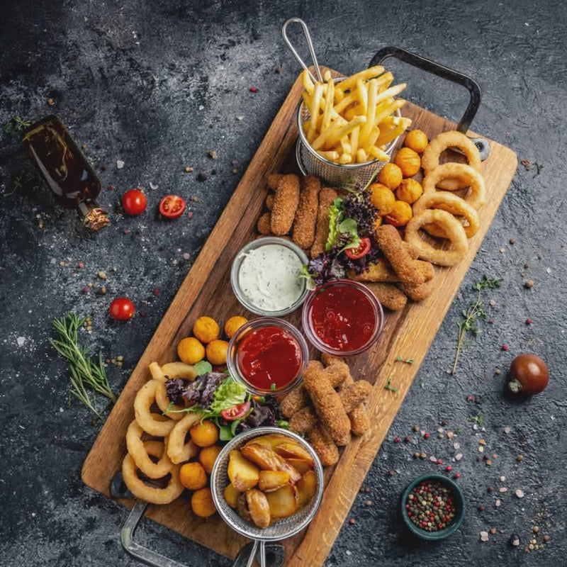 Plateau de fritures surgelées croustillantes style pub – ailes de poulet, rondelles d’oignon, bouchées fromage – livraison partout au Québec | Aliments DKL