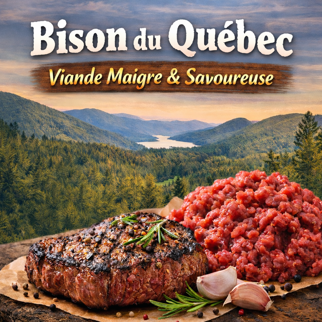 Viande de bison du Québec surgelée haut de gamme, steak et bison haché, qualité sans compromis, livraison à domicile au Québec
