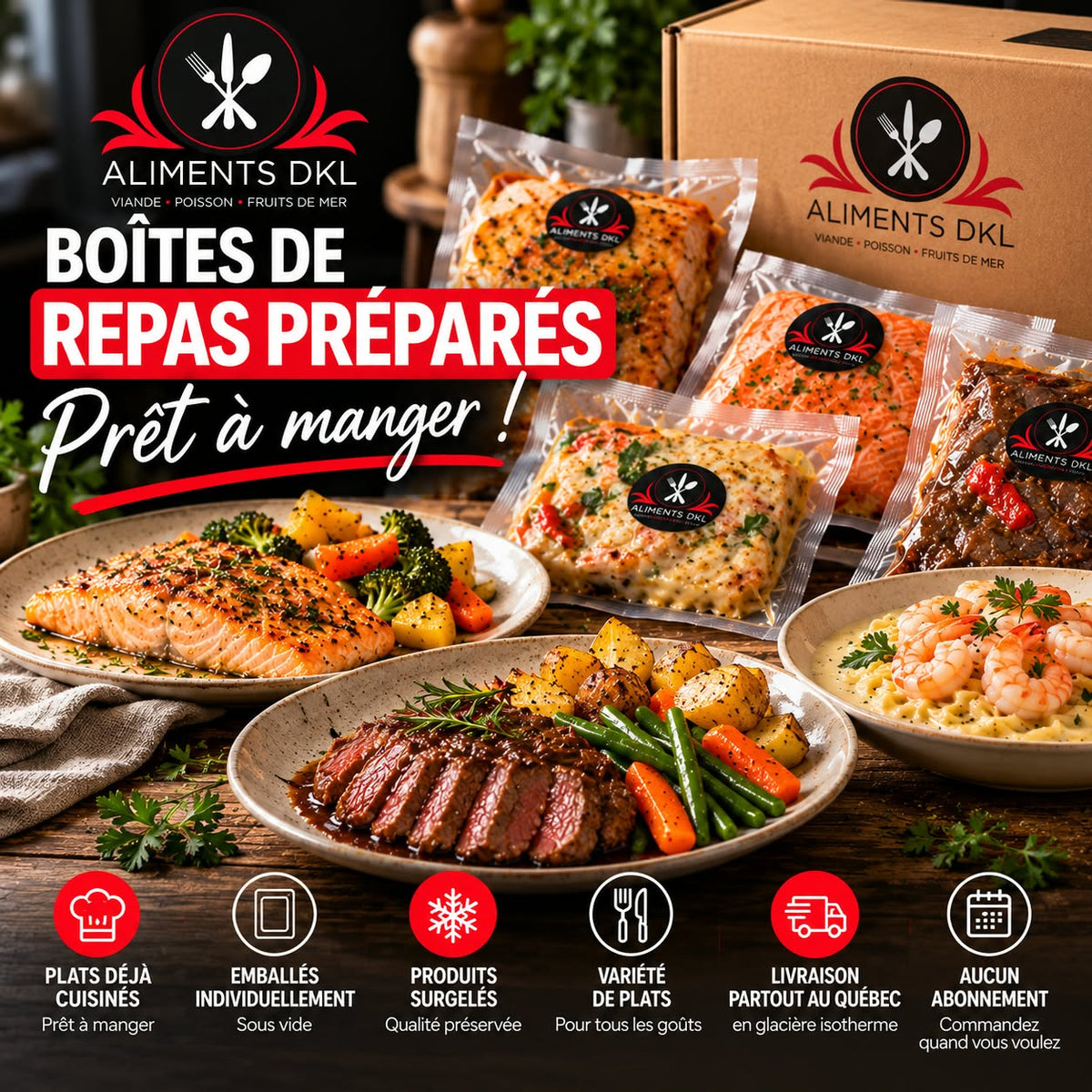 Présentation de boîtes de repas préparés Aliments DKL comprenant des plats cuisinés variés, emballés individuellement sous vide et surgelés. Des repas pratiques, prêts à déguster après réchauffage.