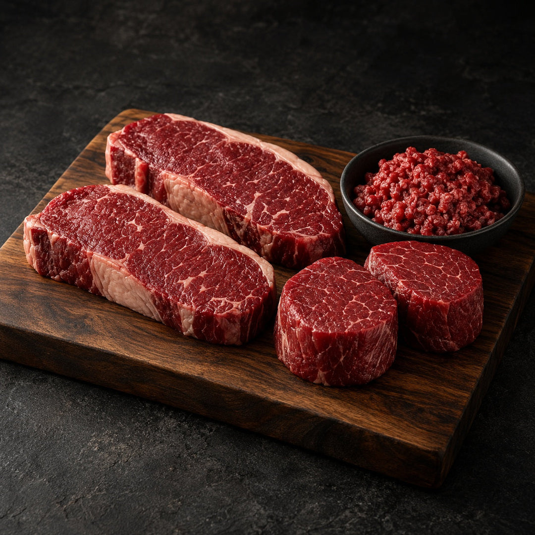 Visuel illustratif de contre-filets, médaillons et viande hachée de bison crus sur une planche de bois