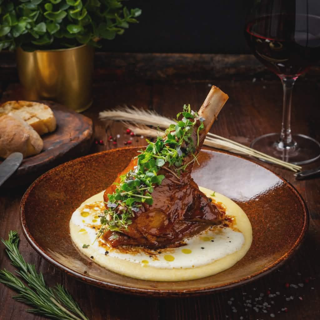 Jarret d’agneau braisé nappé de sauce riche, servi sur purée onctueuse, présentation steakhouse haut de gamme – Aliments DKL