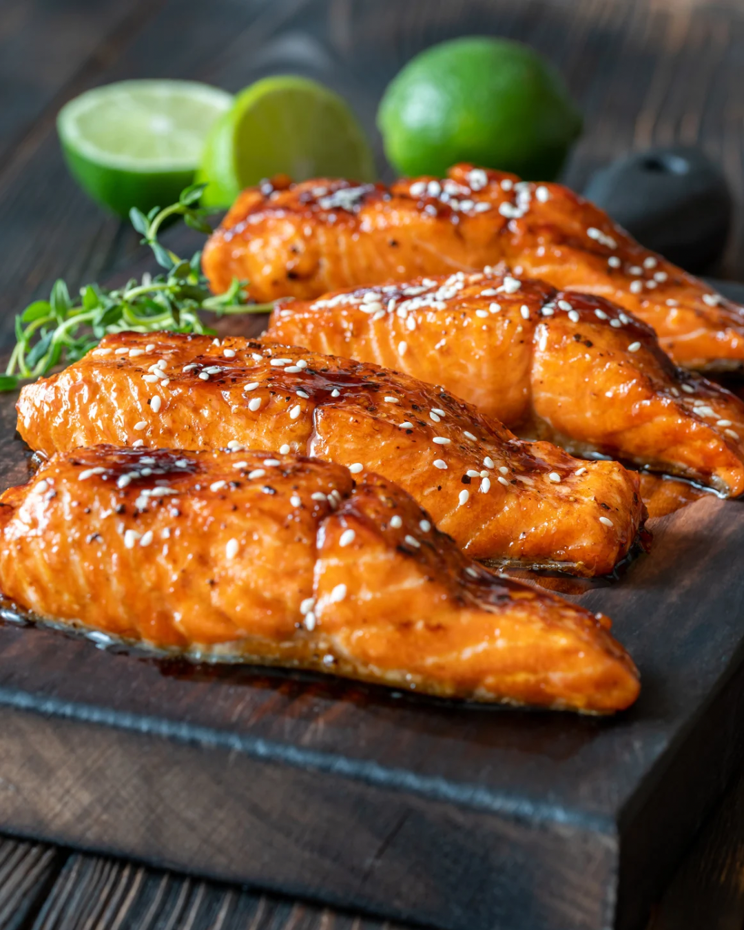 “Saumon mariné asiatique – Filets de saumon sans peau marinés dans une sauce aux saveurs asiatiques, avec soja, gingembre, ail et sésame. 

Présenté avec des graines de sésame et des oignons verts, prêt à cuire au four, à la poêle, au BBQ ou à l’air fryer. Produit surgelé en boîte de 2 kg (10-12 portions), disponible sur Aliments DKL