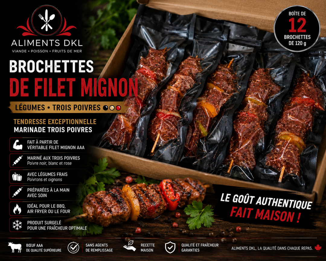 Brochettes de filet mignon AAA marinées 3 poivres et érable avec poivrons et oignons préparées par Aliments DKL.