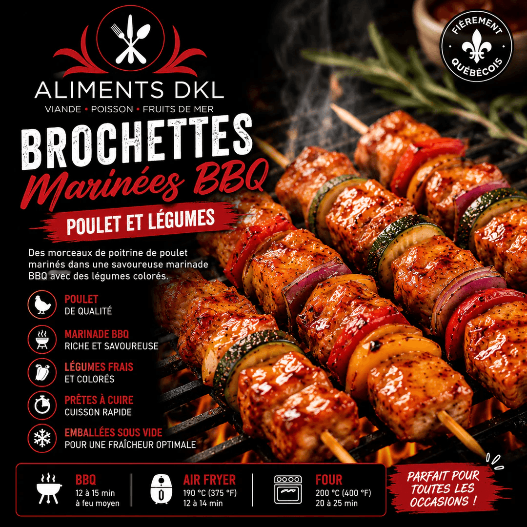 Brochettes de poitrine de poulet marinées BBQ avec poivrons, oignons et courgettes grillées sur le barbecue – Aliments DKL