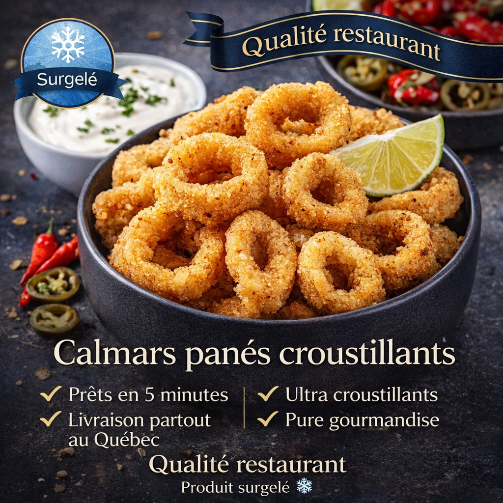 Calmars panés croustillants surgelés prêts en 5 minutes cuisson air fryer fruits de mer livraison Québec