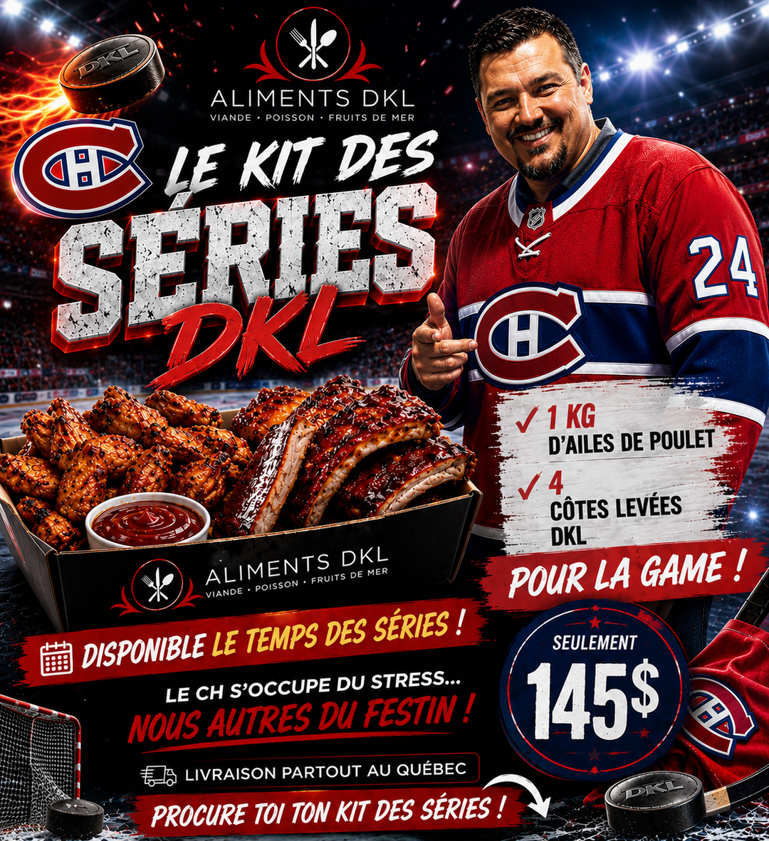 Kit des séries DKL avec ailes de poulet et côtes levées BBQ pour les séries du hockey du Canadien de Montréal par Aliments DKL.
