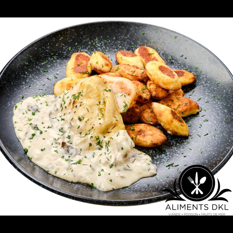 Poitrines de poulet crème à la grecque surgelées, format 8 x 170 g avec sauce crémeuse, Aliments DKL.