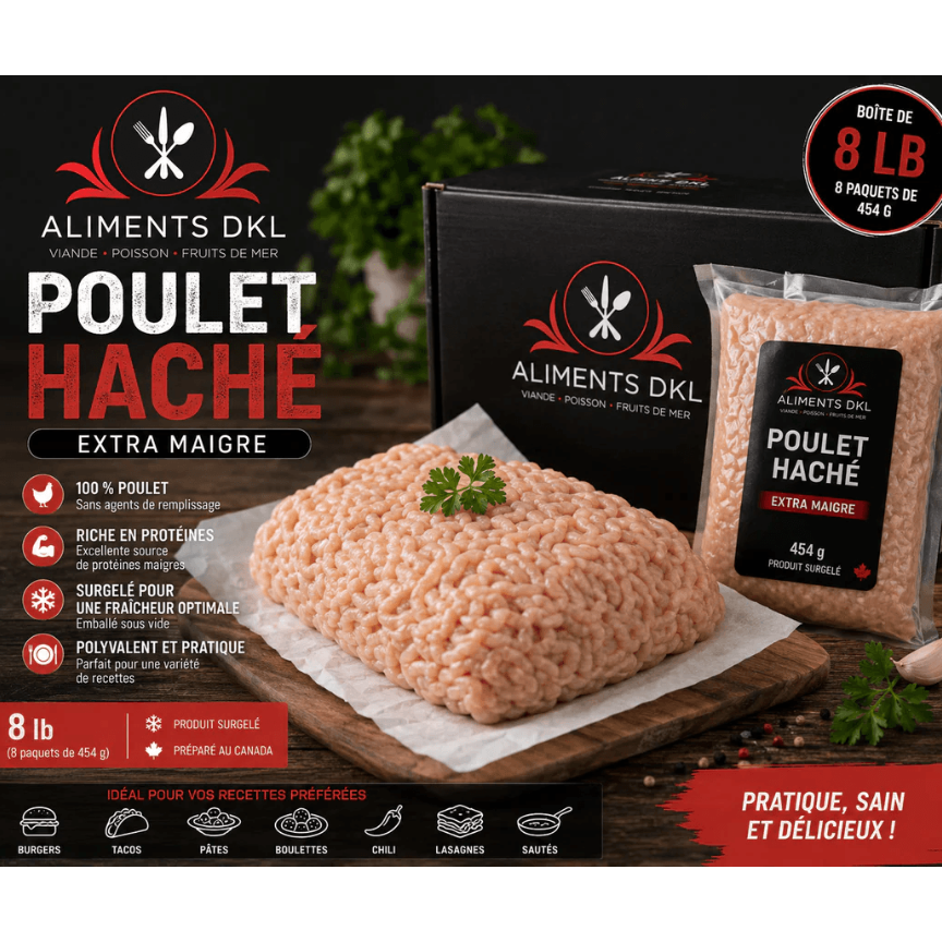 Poulet haché surgelé extra maigre Aliments DKL prêt pour burgers, tacos, boulettes et recettes santé.