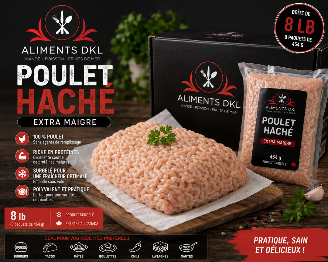 Poulet haché surgelé extra maigre Aliments DKL prêt pour burgers, tacos, boulettes et recettes santé.