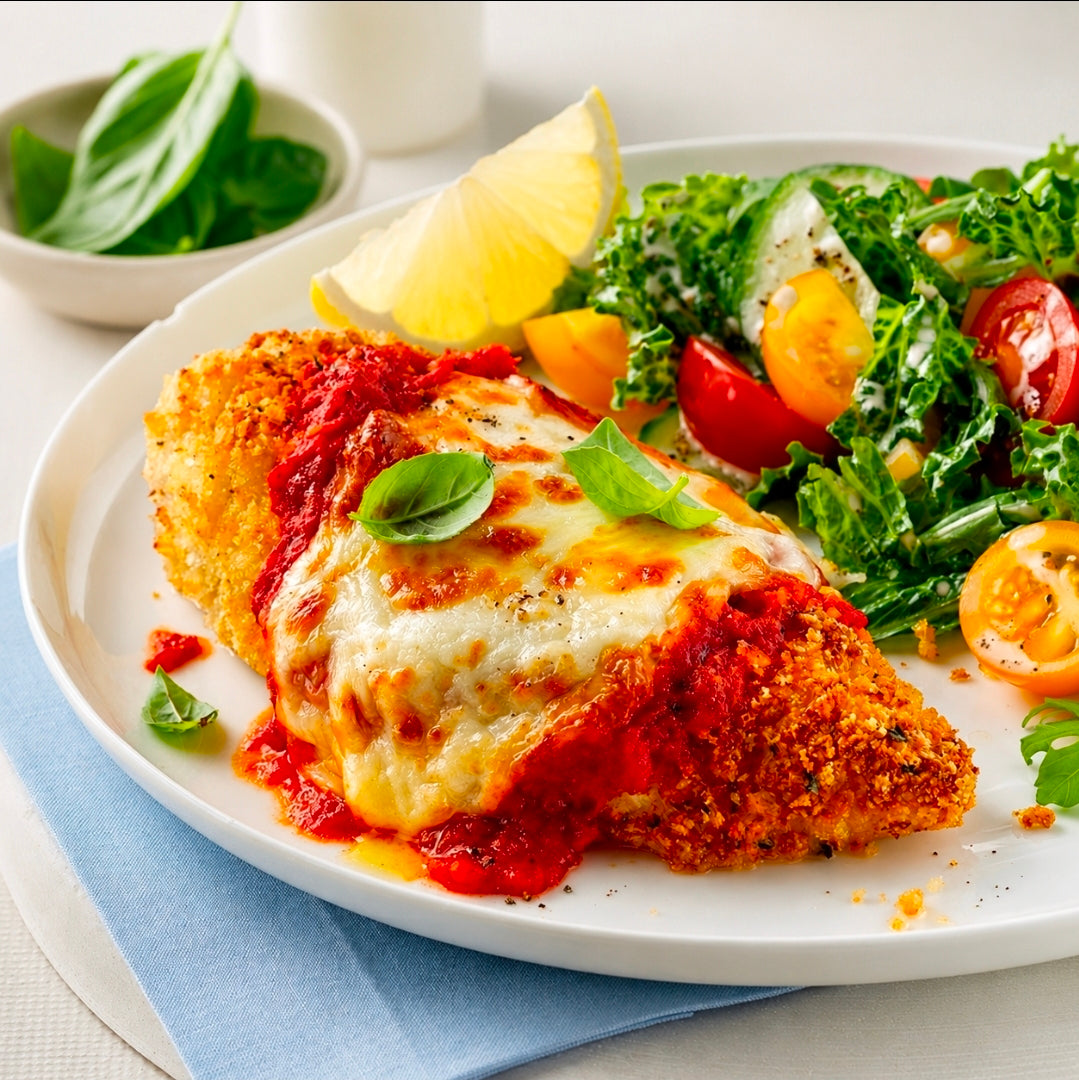 Poulet parmigiana surgelé gratiné d’Aliments DKL servi avec salade fraîche et fromage fondant