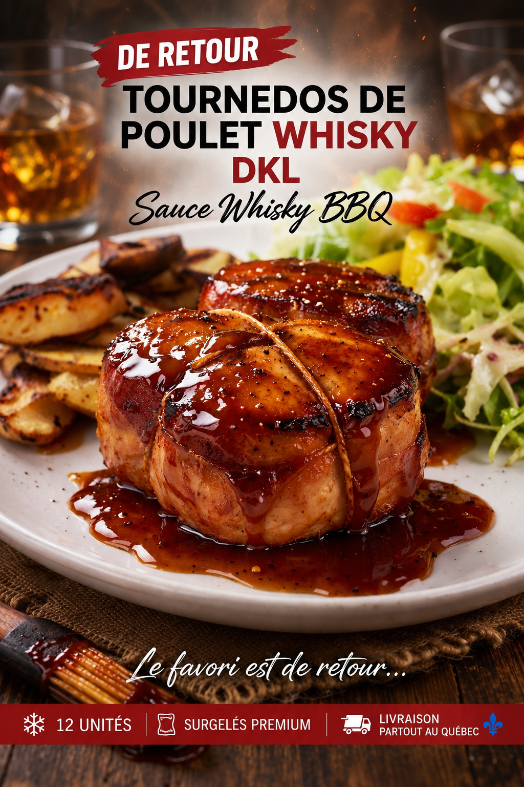Tournedos de poulet au whisky Aliments DKL – tournedos de poulet enrobés de bacon avec sauce whisky, surgelés premium, livraison partout au Québec.