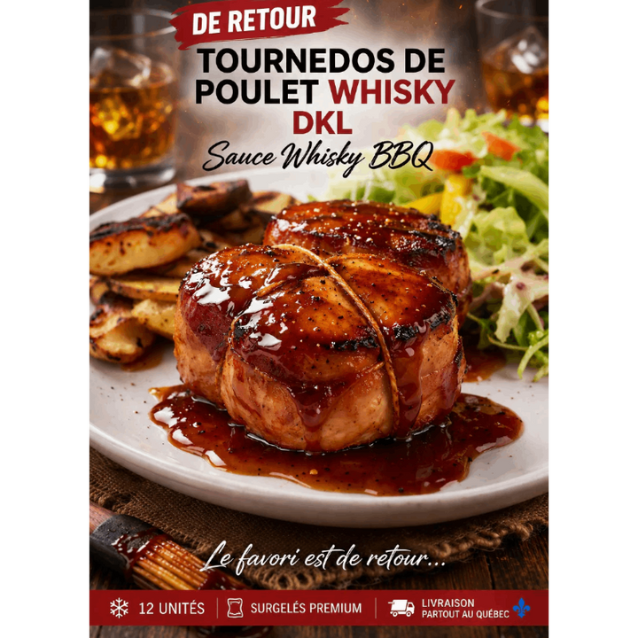 Tournedos de poulet au whisky Aliments DKL – tournedos de poulet enrobés de bacon avec sauce whisky, surgelés premium, livraison partout au Québec.