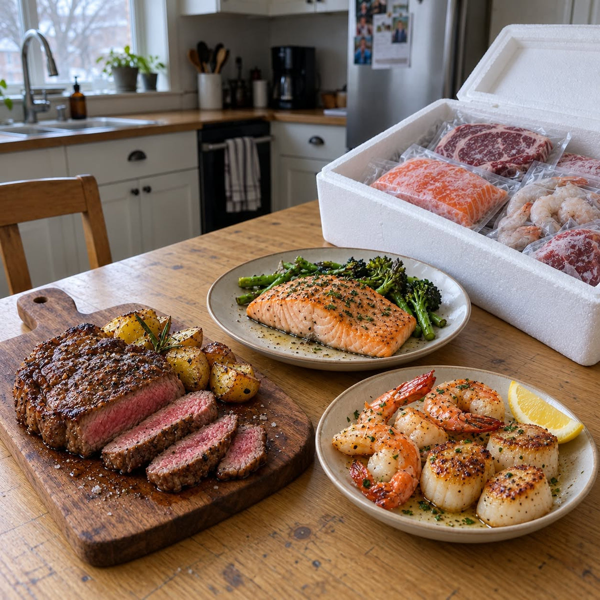 Bœuf tranché, saumon et fruits de mer cuisinés sur une table, avec une glacière ouverte contenant des produits emballés.