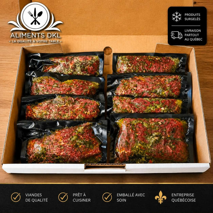 Boîte de 8 bavettes de bœuf Chimichurri Atlantic Beef emballées sous vide, marinées aux fines herbes et prêtes à cuisiner, offertes par Aliments DKL avec livraison partout au Québec.