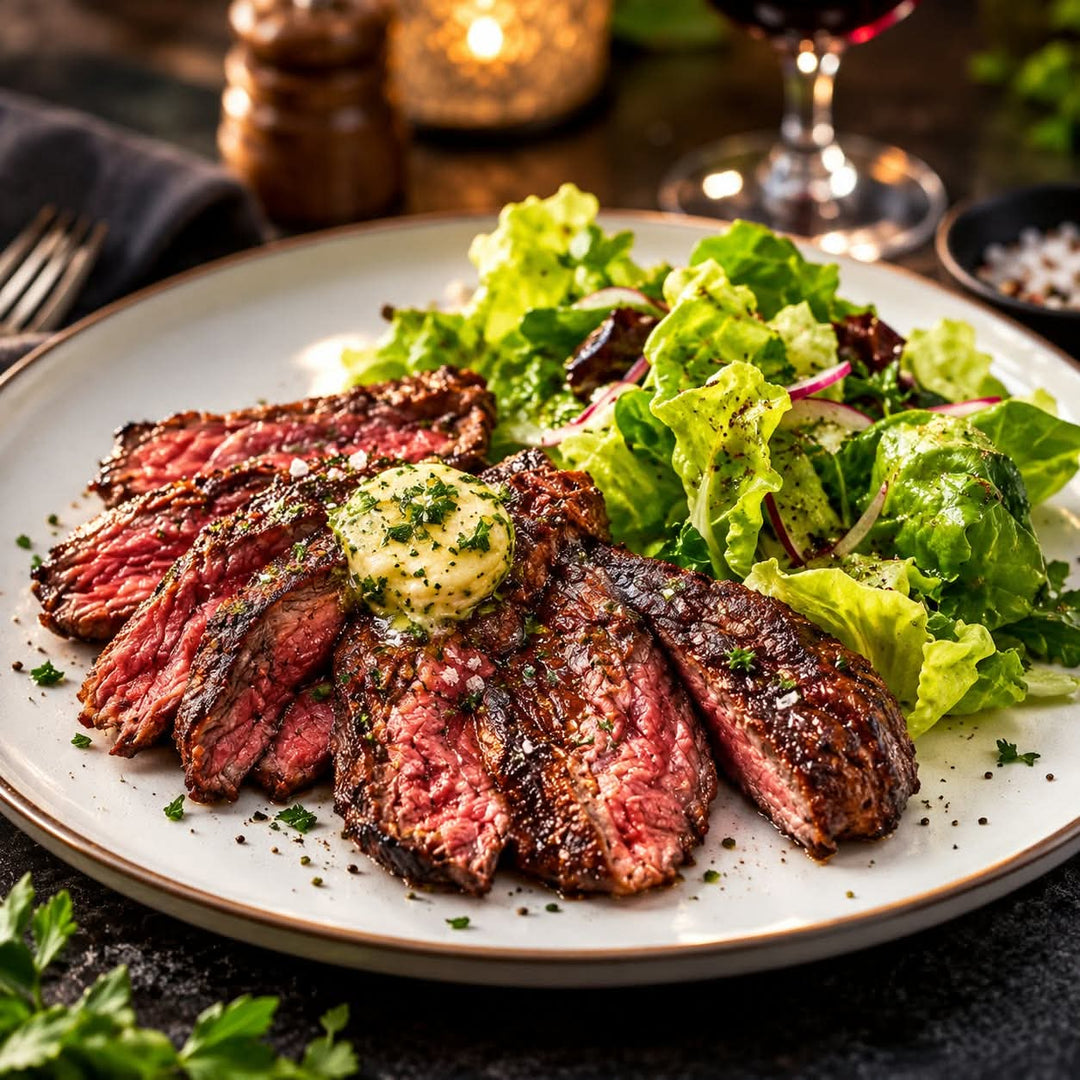 Bavette de bœuf grillée, tranchée et servie saignante avec un beurre aux fines herbes et une salade verte croquante, présentée dans une assiette gastronomique.