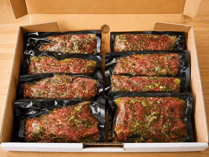 Boîte de bavettes de bœuf Chimichurri Aliments DKL marinées sous vide avec fines herbes, ail et huile, prêtes pour le BBQ ou la poêle.