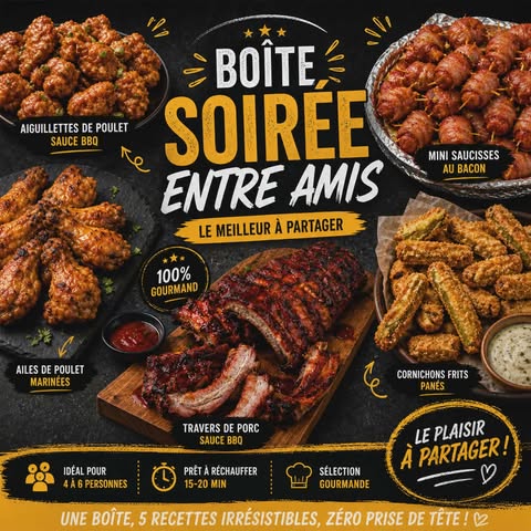 Boîte Soirée entre amis Aliments DKL – assortiment de produits surgelés haut de gamme avec ailes de poulet, saucisses enrobées de bacon, côte levée et bouchées pour recevoir au Québec