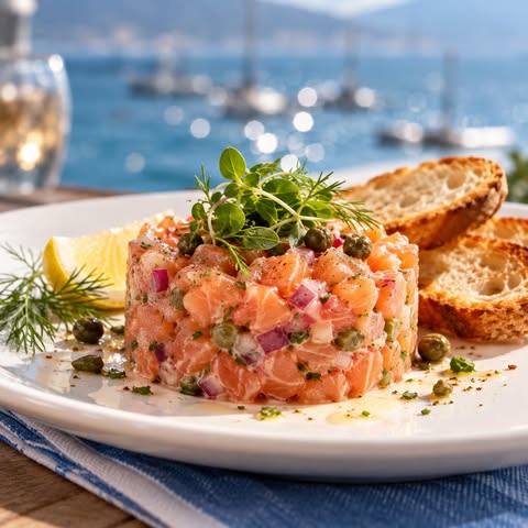 Tartare aux deux saumons Aliments DKL contenant préparées avec du saumon cru et du saumon fumé, avec sauce incluse.