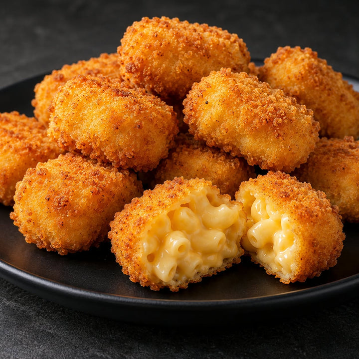 Mac & Cheese deluxe : bouchées de macaroni au fromage panées et dorées, avec une bouchée ouverte au premier plan.