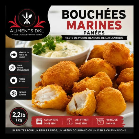 Bouchées marines panées préparées avec des filets de morue blanche de l'Atlantique, enrobées d'une panure dorée et croustillante, offertes en format de 2,2 lb par Aliments DKL avec livraison partout au Québec.