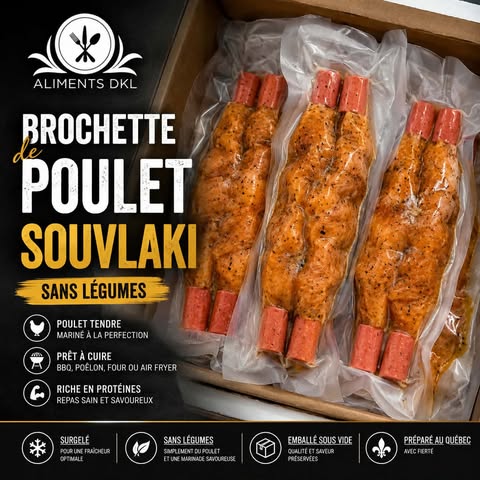 Brochettes de poulet souvlaki sans légumes Aliments DKL, marinées, emballées sous vide et surgelées, prêtes à cuire avec livraison partout au Québec.