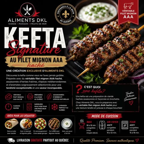 Brochettes Kefta Signature préparées avec du véritable filet mignon AAA haché, assaisonnées d'herbes et d'épices méditerranéennes. Produit exclusif Aliments DKL, parfait pour le BBQ, le four ou l'Air Fryer.