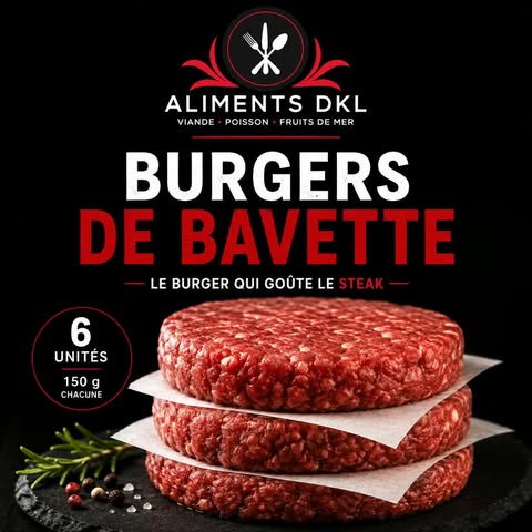 Burgers de bavette Aliments DKL en format de 6 galettes de 150 g, préparés avec du bœuf de qualité et livrés surgelés partout au Québec.