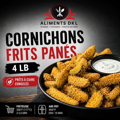 Cornichons frits panés surgelés en format de 4 lb, servis avec une sauce crémeuse, offerts par Aliments DKL.