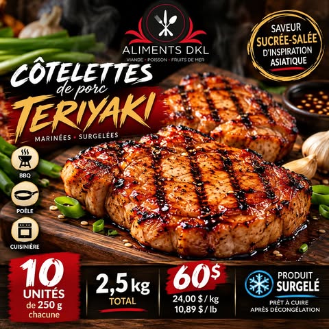 Côtelettes de porc marinées Teriyaki surgelées Aliments DKL, format 10 unités de 250 g, livraison au Québec.