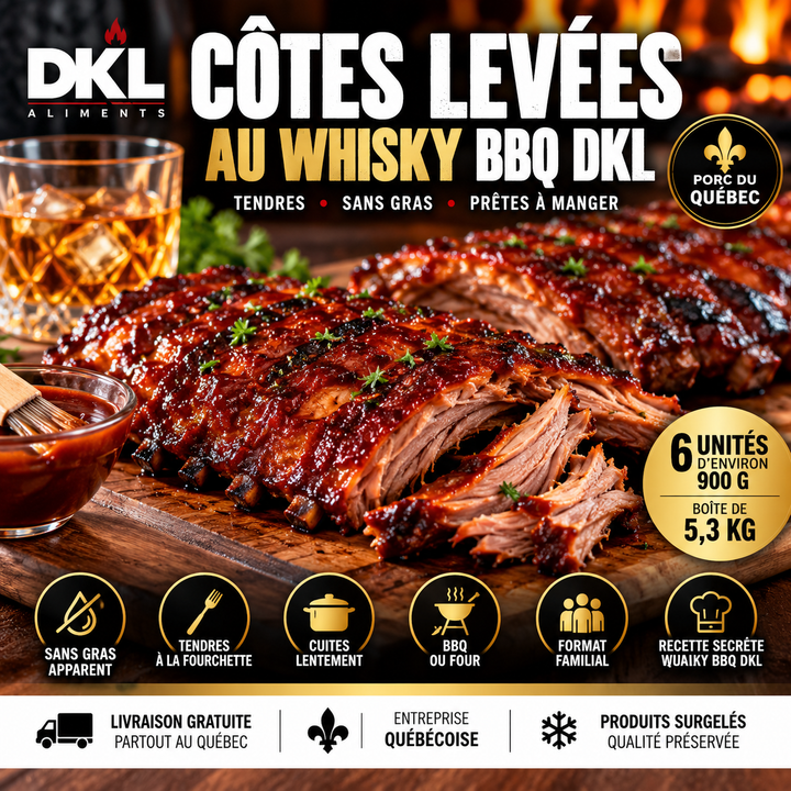 Côtes levées de porc du Québec désossées, nappées de sauce whisky BBQ DKL caramélisée, tendres et prêtes à réchauffer. Boîte de 6 unités, environ 5,3 kg.