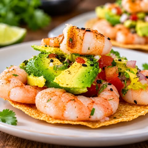 Crevettes roses d’Argentine servies avec avocat et légumes – Aliments DKL.
