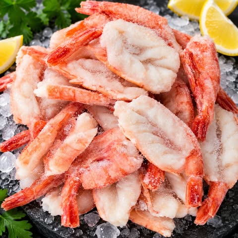 Crevettes papillon surgelées avec queue, présentées sur glace – Aliments DKL.