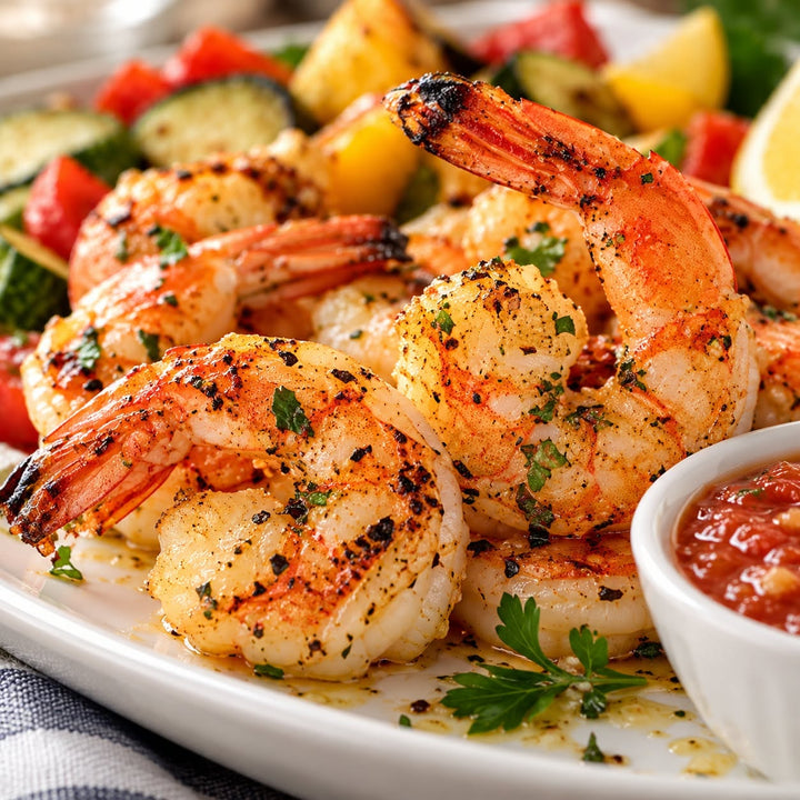 Crevettes tigrées géantes 16/20 grillées et assaisonnées aux fines herbes, servies avec des légumes, du citron et une sauce d'accompagnement.