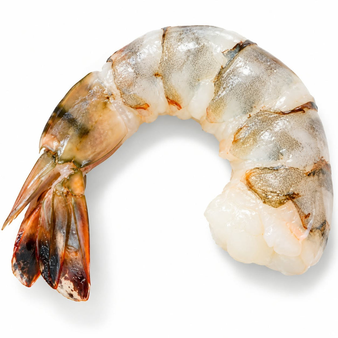 Crevettes tigrées géantes 16/20 crues, pelées et déveinées, avec queues, présentées sur un lit de glace avec citron et persil.