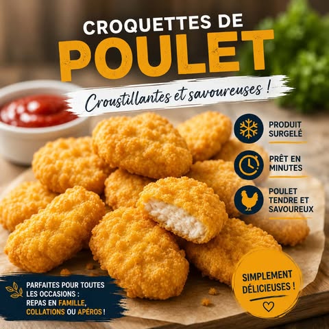 Croquettes de poulet croustillantes surgelées, tendres et savoureuses, offertes par Aliments DKL avec livraison partout au Québec.
