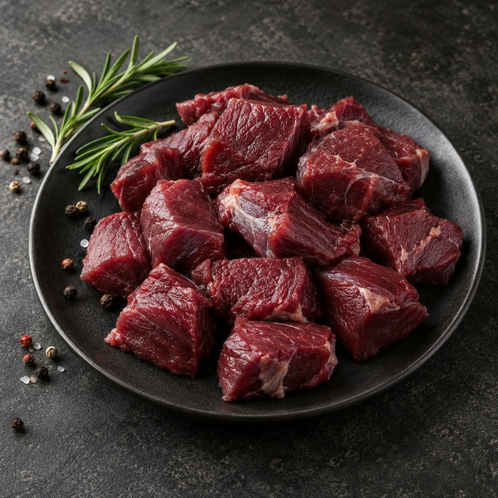 Cubes de cerf rouge crus présentés sur une assiette noire avec du romarin et des grains de poivre