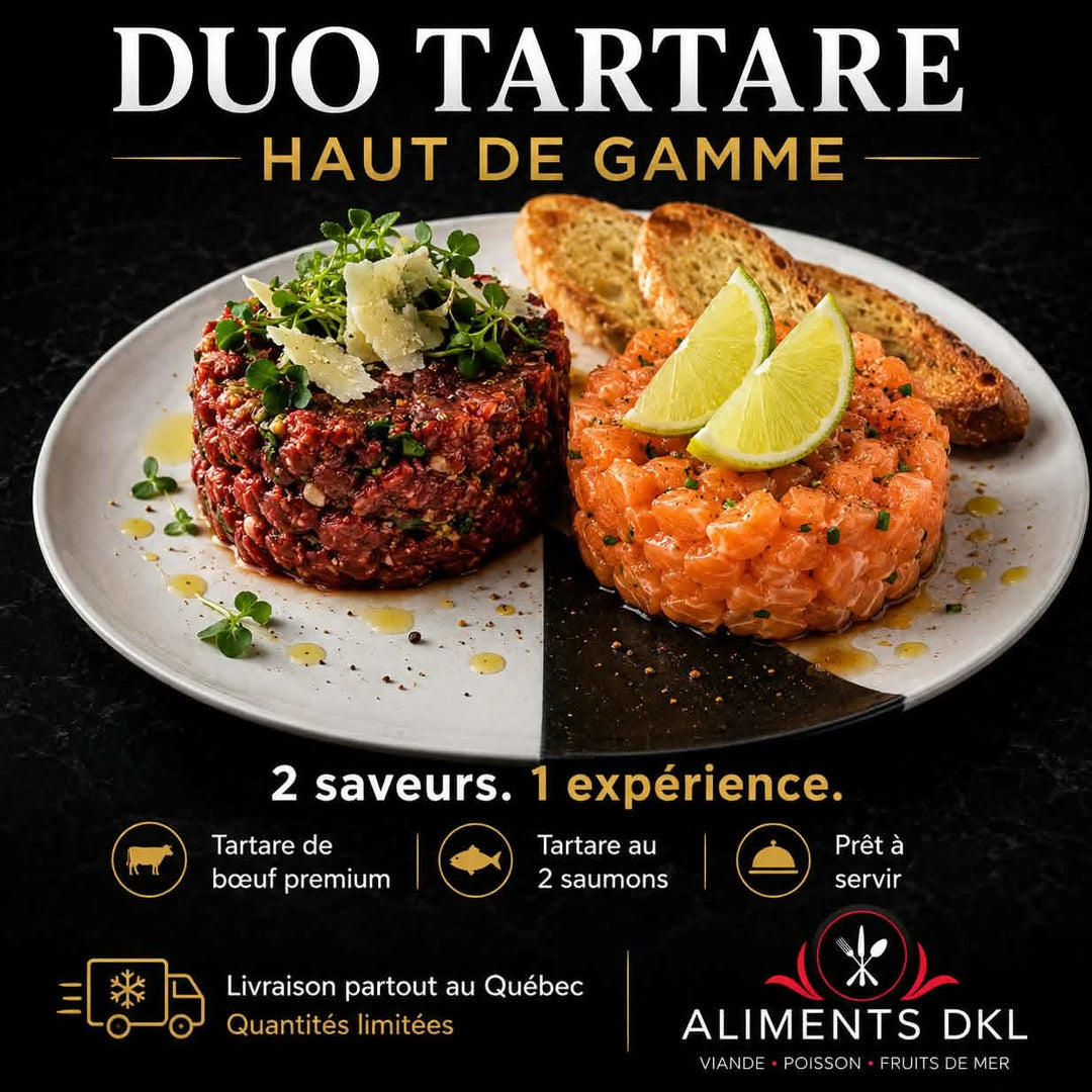 Duo tartare de bœuf premium et tartare aux deux saumons Aliments DKL, prêt à servir avec livraison partout au Québec