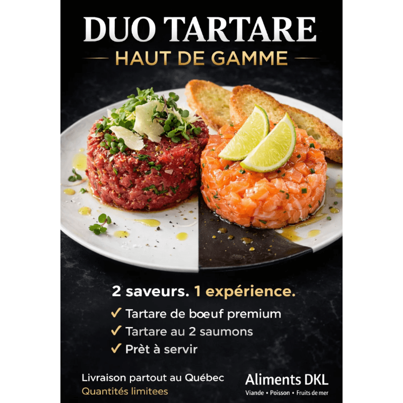 Duo de tartare de saumon et de bœuf Aliments DKL servi avec accompagnements, prêt à déguster. Produits surgelés de qualité avec livraison partout au Québec.