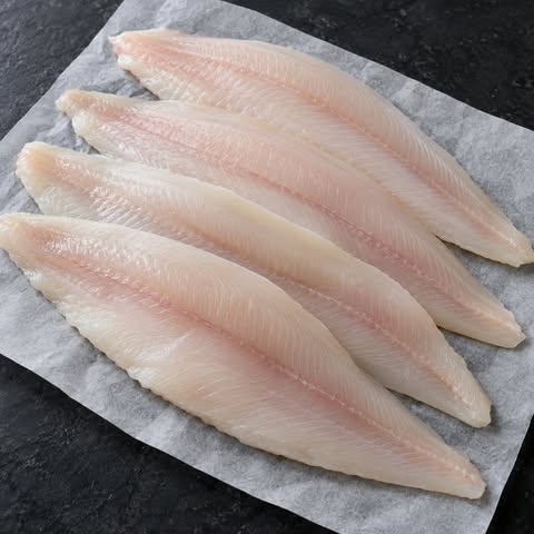 Quatre filets de sole nature crus disposés sur du papier parchemin, sur un fond foncé – Aliments DKL.