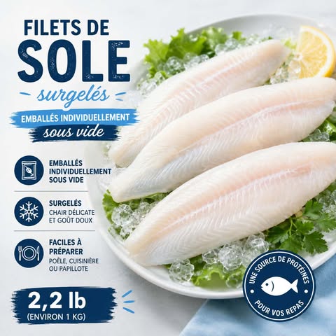 Filets de sole surgelés emballés individuellement sous vide, format 2,2 lb, Aliments DKL Québec