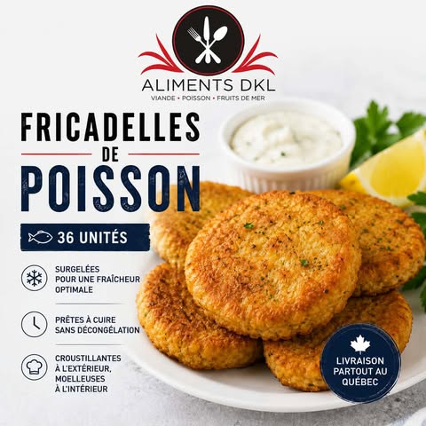 Fricadelles de poisson Aliments DKL en format de 36 unités, croustillantes à l'extérieur et moelleuses à l'intérieur, prêtes à cuire sans décongélation avec livraison partout au Québec.