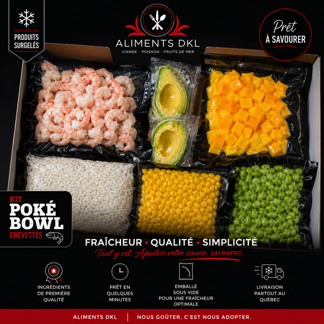 Kit Poké Bowl Crevettes Premium Aliments DKL avec crevettes, riz collant, mangues, avocat, maïs et edamames emballés sous vide et surgelés.